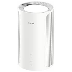 M65001PACKCudyBE6500WiFi7MeshRoute1packWhitejpg ComputechSolutions White cylindrical Cudy device with vertical grooves and subtle status icons (power, Wi‑Fi) on the front, standing upright.