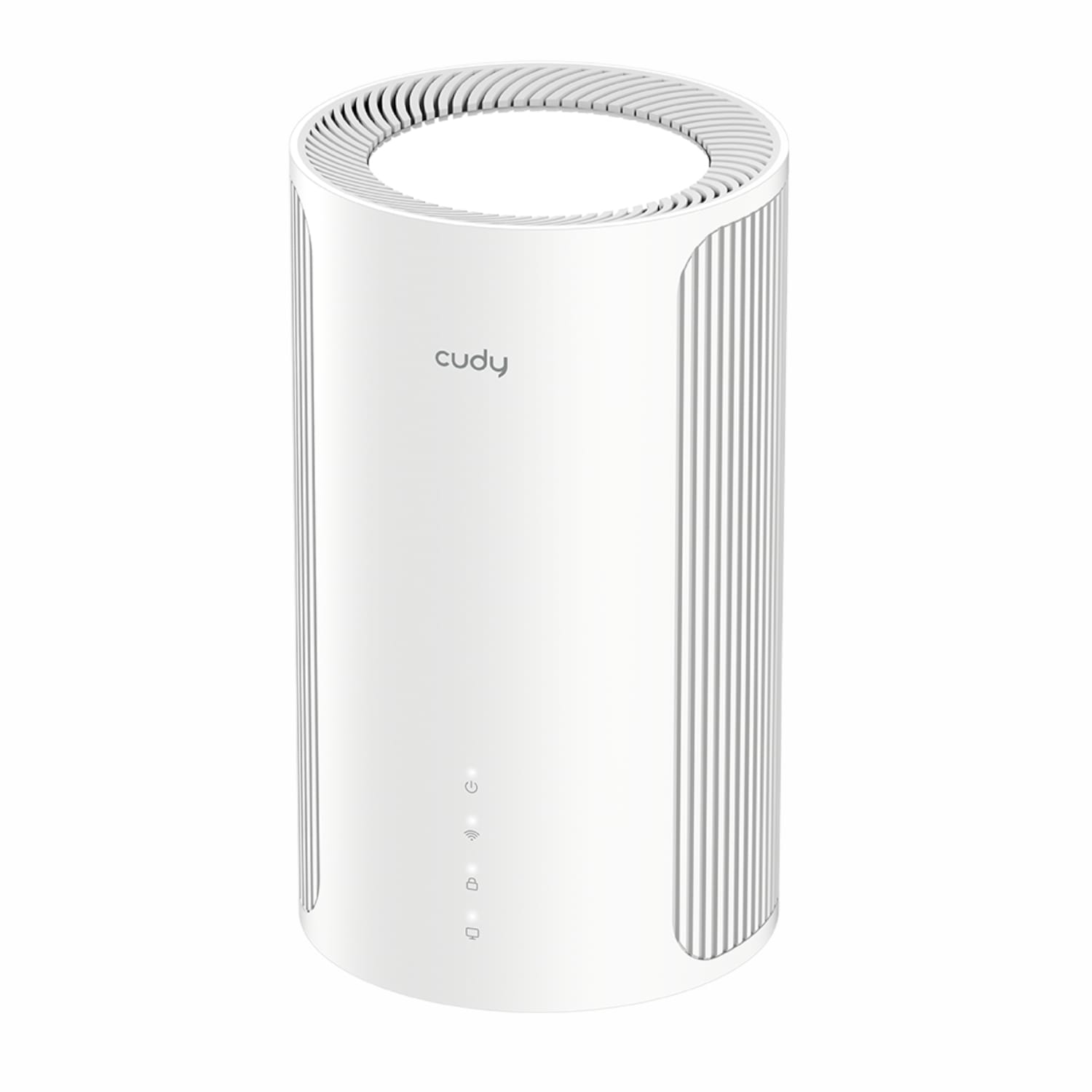 M65001PACKCudyBE6500WiFi7MeshRoute1packWhitejpg ComputechSolutions White cylindrical Cudy device with vertical grooves and subtle status icons (power, Wi‑Fi) on the front, standing upright.