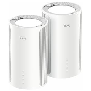 Two white Cudy mesh Wi‑Fi routers standing side by side with ribbed cylindrical design and subtle branding.