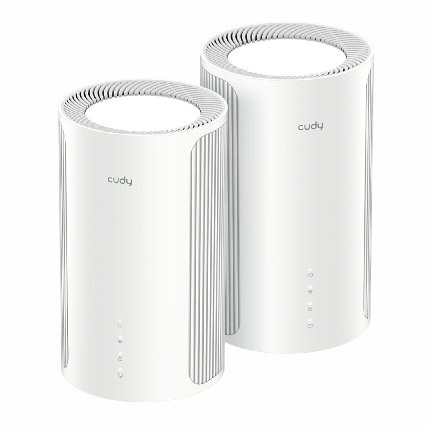 M65002PACKCudyBE6500WiFi7MeshRoute2packWhite02jpg ComputechSolutions Two white Cudy mesh Wi‑Fi routers standing side by side with ribbed cylindrical design and subtle branding.