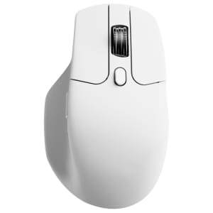 M6SA24KeychronM6SA24PixArt39508KWirelesswr011jpg ComputechSolutions Close-up of a white computer mouse, highlighting the textured scroll wheel and a side button