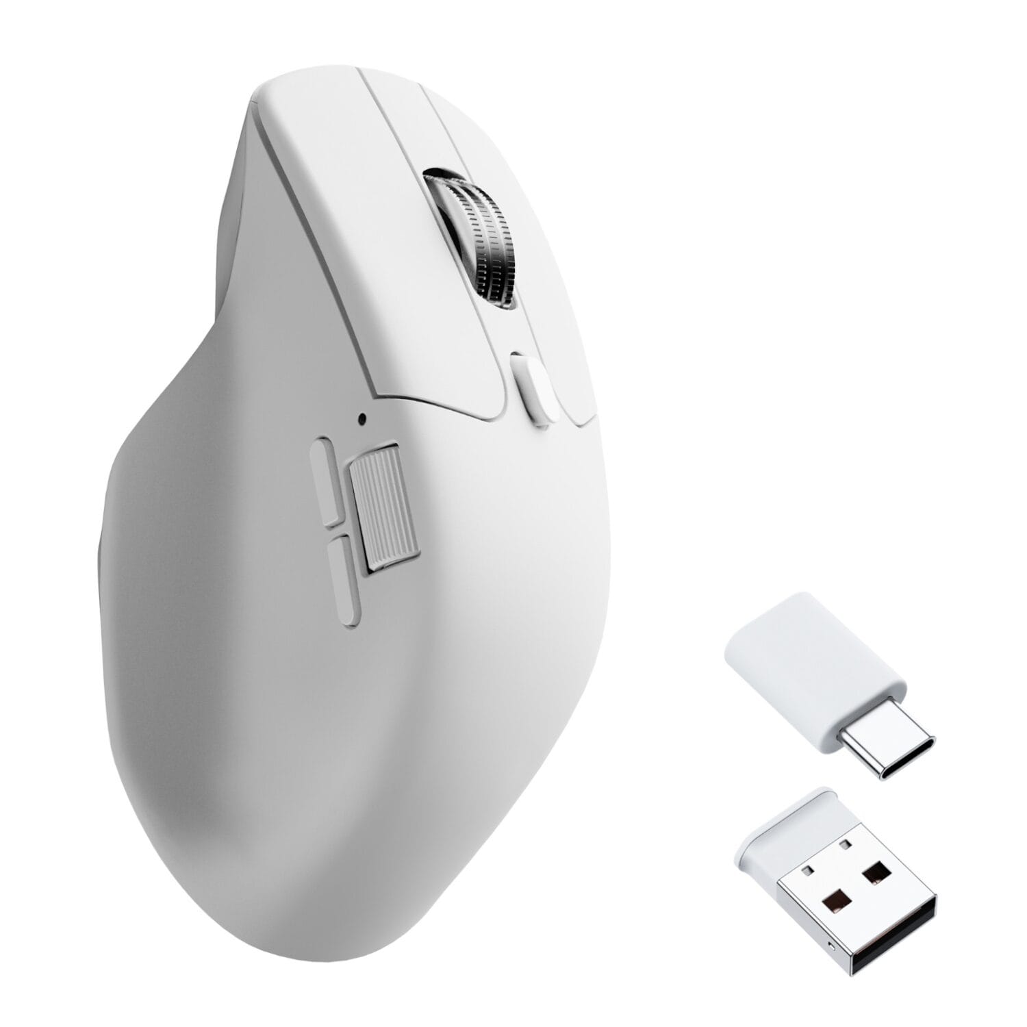 M6SB72KeychronM6SB721KWirelessMouseBT24GHwr01jpg ComputechSolutions Close-up of a white ergonomic mouse with a textured scroll wheel and side buttons, alongside USB-A and USB-C adapters.