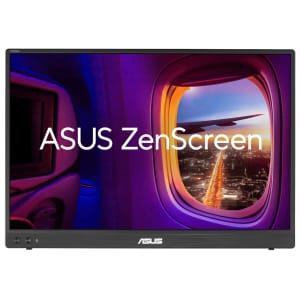 MB16FCAsusZenScreen16FHDIPS60HzPortablewr01png ComputechSolutions Portable ASUS ZenScreen monitor displaying a sunset/in-flight window view with city lights outside the winged airplane window, emphasizing branding.