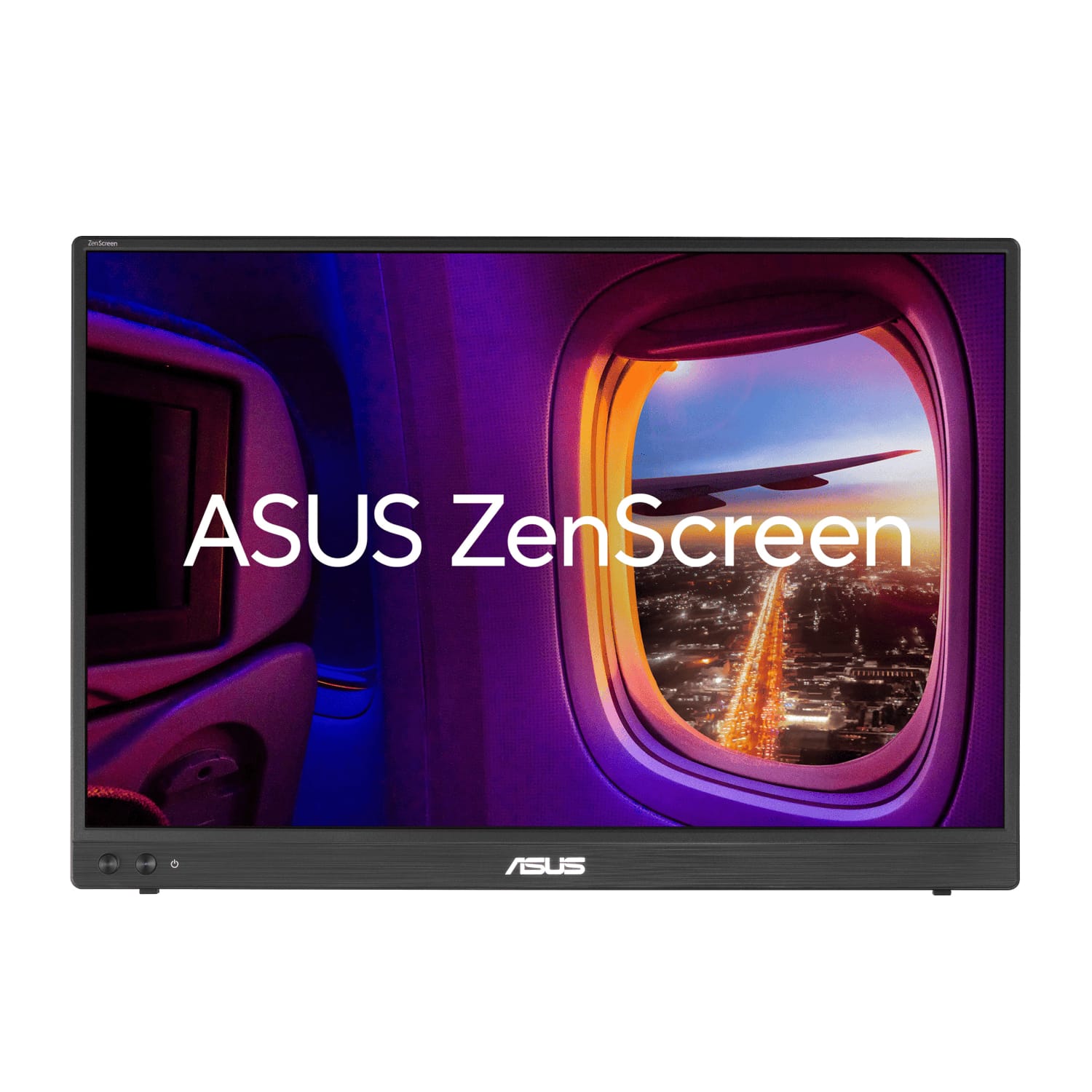 Portable ASUS ZenScreen monitor displaying a sunset/in-flight window view with city lights outside the winged airplane window, emphasizing branding.
