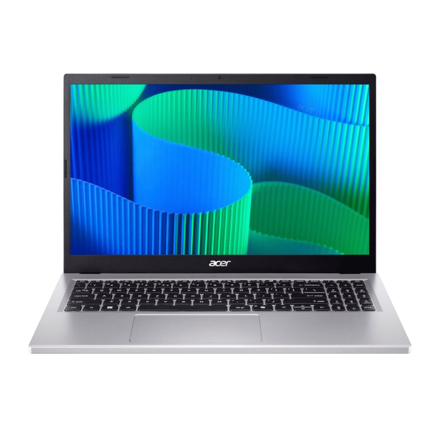 Open Acer laptop showing a vibrant blue‑green abstract wallpaper on a silver keyboard, black bezel laptop screen.