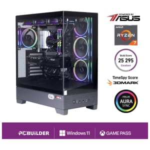 PCBMAXIMUS01PCBuilderRyzen77800X3DMAXIMUSWindows11GamingPCwr01cjpg ComputechSolutions RGB-lit gaming desktop PC with a transparent side panel showing internal components and cooling fans; branding logos to the right (ASUS, Ryzen 7, 3DMark, Aura Sync)