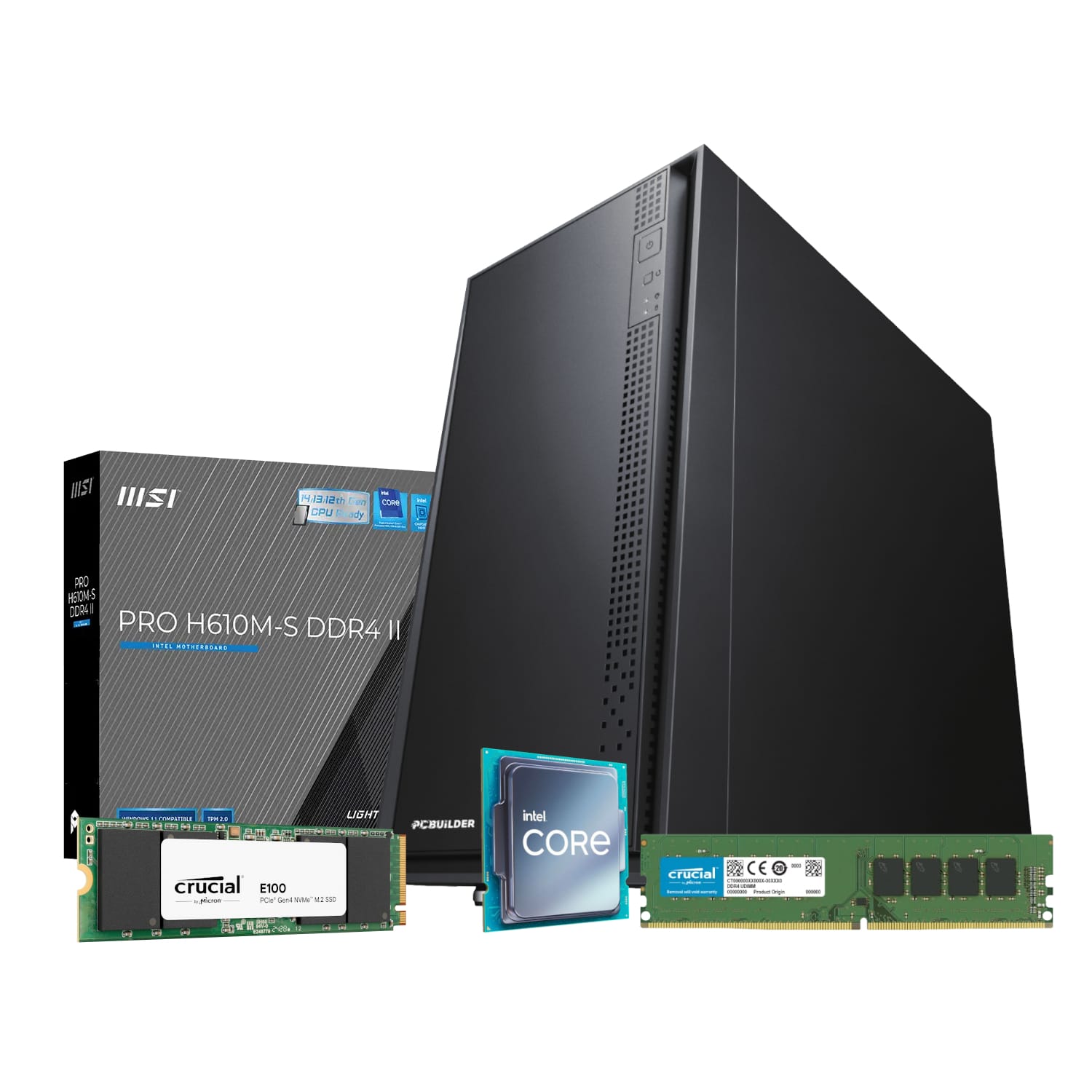 PCBOFFICEI38GV4PCBuilderInteli314100HOMEMasterWindows11DesktopPCwr01ajpg ComputechSolutions Motherboard box with Intel H610M-S DDR4 II and computer components including CPU, RAM, and SSD arranged in front of it.