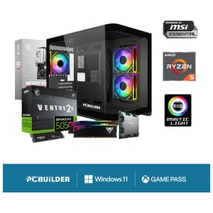 PCBRECON02PCBuilderRyzen58400FRECONWindows11GamingPCwr01bjpg ComputechSolutions Collage of gaming PC parts including RGB-tinted case, MSI and AMD components, and branding logos for PCBuilder, Windows 11, and Game Pass