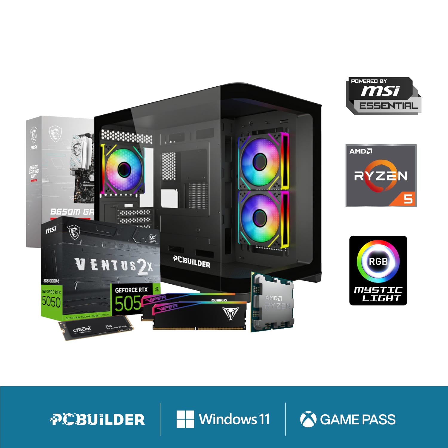 PCBRECON02PCBuilderRyzen58400FRECONWindows11GamingPCwr01bjpg ComputechSolutions Collage of gaming PC parts including RGB-tinted case, MSI and AMD components, and branding logos for PCBuilder, Windows 11, and Game Pass