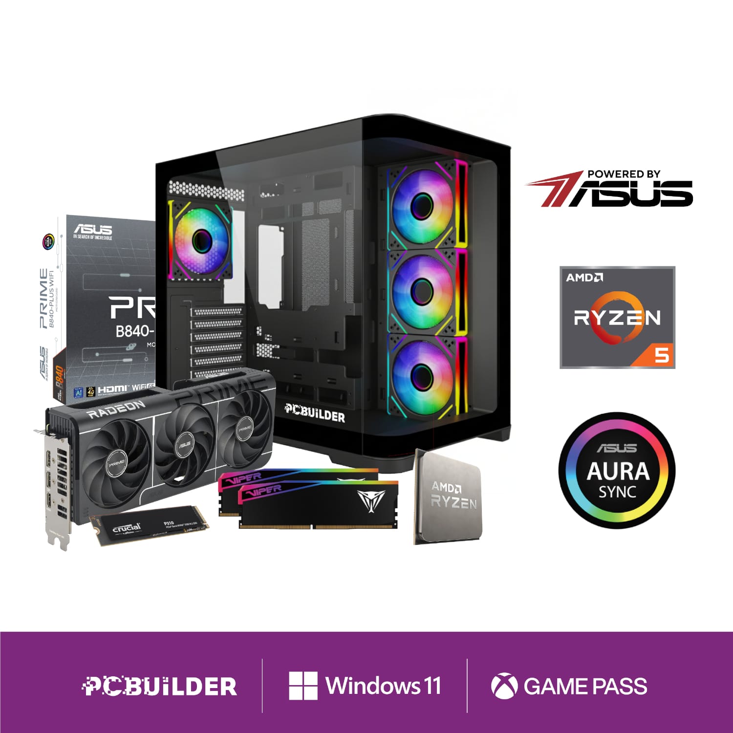 PCBSEEKER02PCBuilderRyzen57600SEEKERWindows11GamingPCwr01ajpg ComputechSolutions Collage of a gaming PC build: glass case with RGB fans, a Radeon GPU, RAM sticks, motherboard/box boxes, and assorted branding logos (PCBUILD, ASUS, Ryzen, Aura Sync).