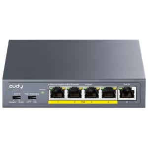 Front view of a Cudy PoE++ switch with five RJ-45 ports (1–4 PoE, 5) and LED indicators on the front panel.