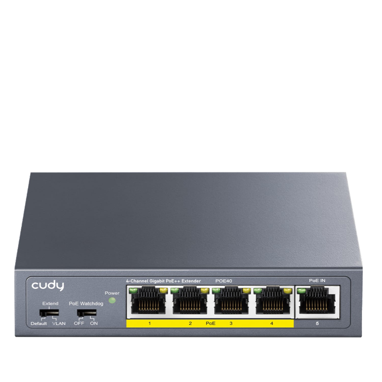 Front view of a Cudy PoE++ switch with five RJ-45 ports (1–4 PoE, 5) and LED indicators on the front panel.