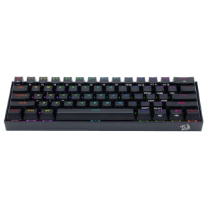 RDK530RGBPROREDRAGONDRACONICPROMechanical61KeyMechanicalKeyboardRGBBlackwr01ajpg ComputechSolutions Black mechanical gaming keyboard with rainbow RGB backlighting and a dragon emblem on the lower-right corner of the lid area.
