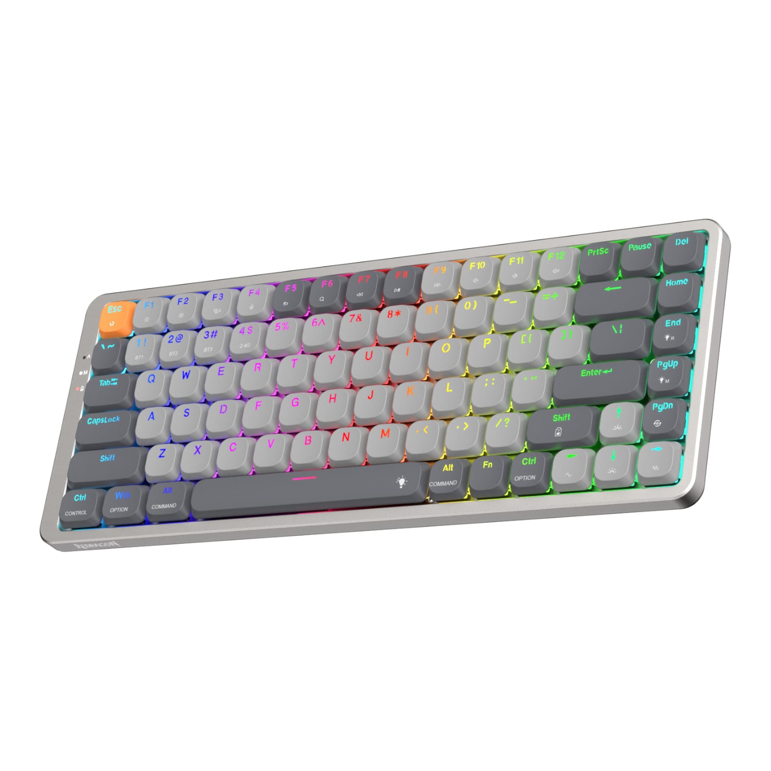 RDK652GGRGBPRORedragonAZUREWirelessMechanicalGamingKeyboardwr01ajpg ComputechSolutions Rainbow-lit wireless keyboard with gray keys, shown at an angled perspective on a white background, highlighting colorful backlighting.