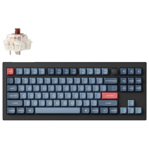 Blue mechanical keyboard with a red Enter key and a white key switch housing floating above it.