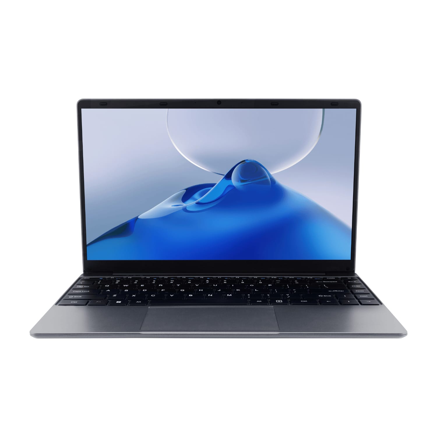 Front view of an open gray laptop with a blue abstract wallpaper on the screen.