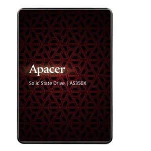 Apacer solid-state drive (AS350X) displayed against a dark red geometric patterned background.