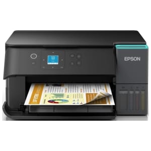 Black Epson inkjet printer printing a colorful document from the front tray, in operation.
