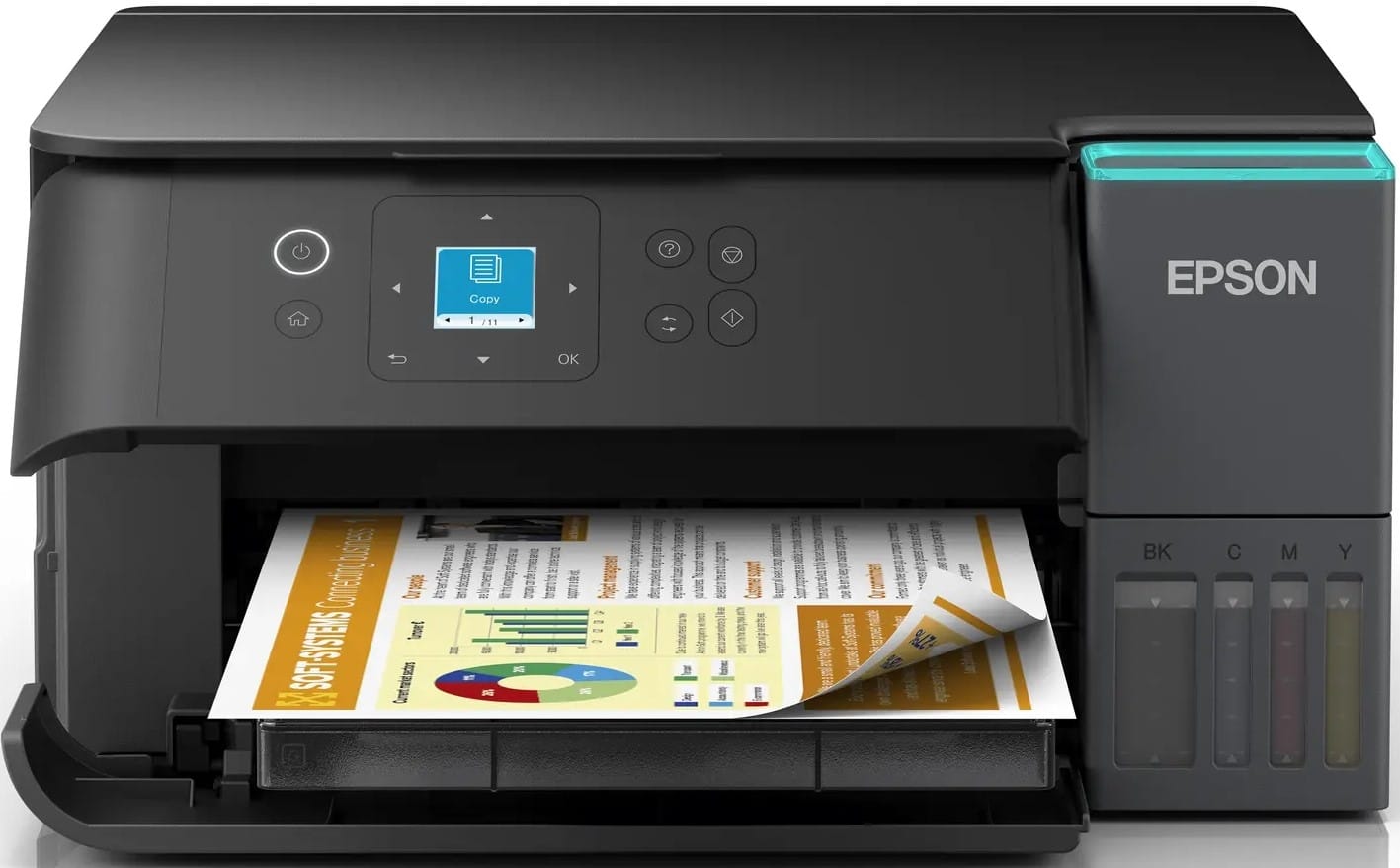C11CL41411 ComputechSolutions Black Epson inkjet printer printing a colorful document from the front tray, in operation.