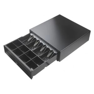 Black cash drawer pulled out, showing multiple coin and bill trays inside.