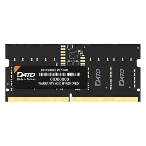 DDR5 RAM module from DATO, black PCB with gold edge connectors and a 'Made in Taiwan' label reading 'Warranty void if removed' on the sticker.