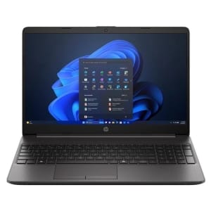 HP laptop open, displaying Windows 11 desktop with Start menu on a blue abstract wallpaper.