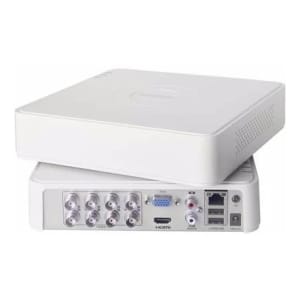 White security DVR with eight BNC video inputs, HDMI and VGA outputs, and USB ports.