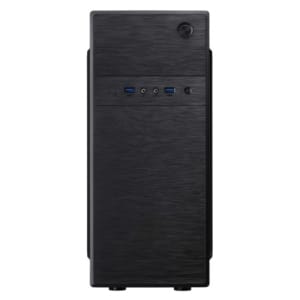 Black desktop computer tower with a brushed-metal front panel and two USB 3.0 ports plus audio jacks on the front.