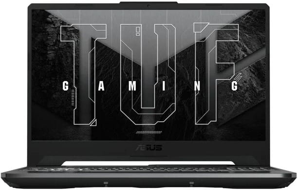 FA506NCG78512B0W ComputechSolutions Open black ASUS TUF Gaming laptop with large TUF logo on a dark, textured screen background