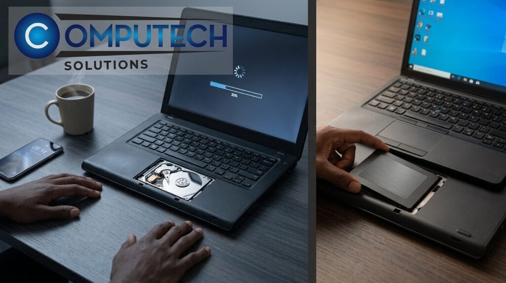 Two laptops on a desk; one shows an exposed hard drive with a 30% progress bar on screen, hands nearby, logo overlay reads COMPUTECH SOLUTIONS.