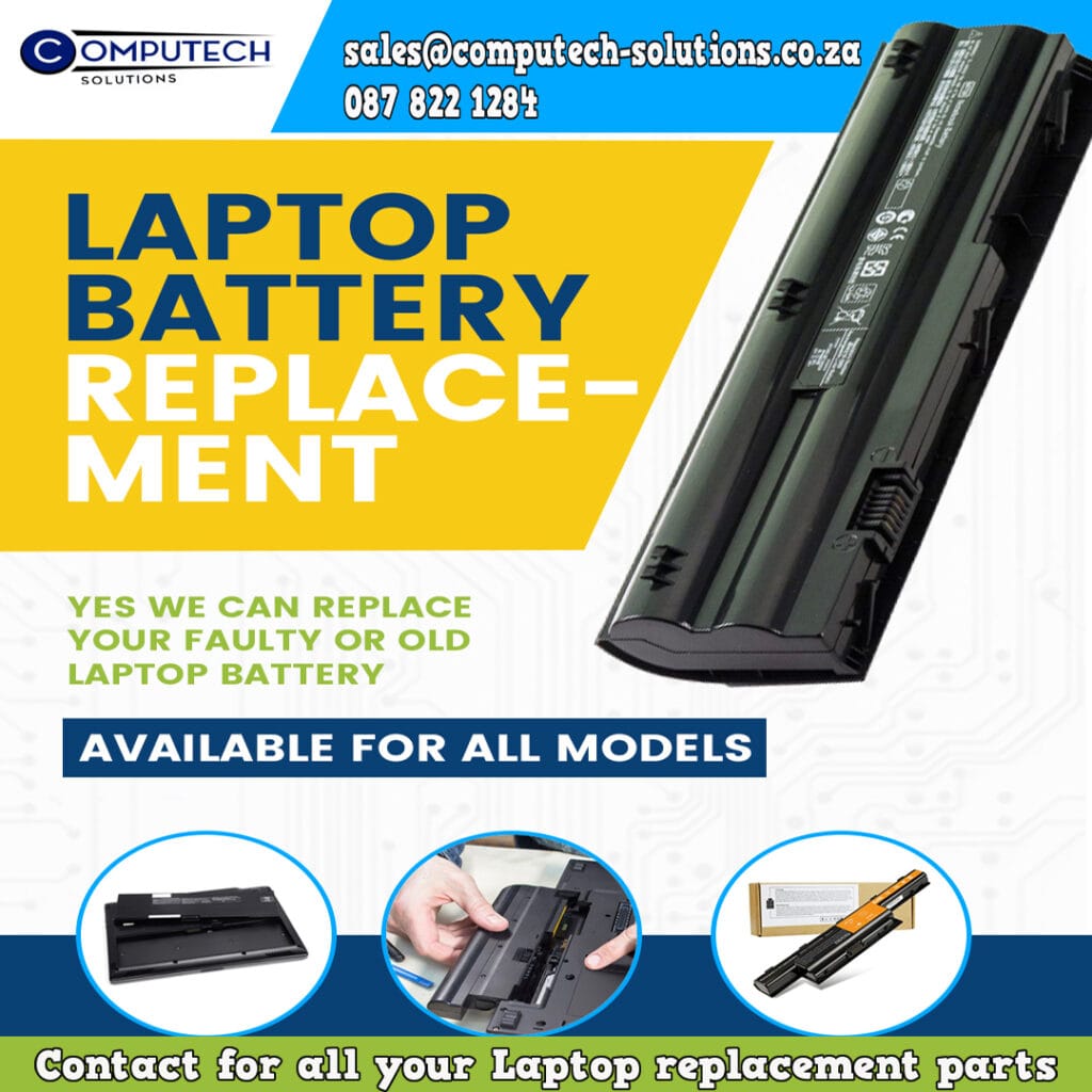 Advertisement for laptop battery replacement: bold yellow banner with large 'LAPTOP BATTERY REPLACEMENT' text and a laptop battery image.