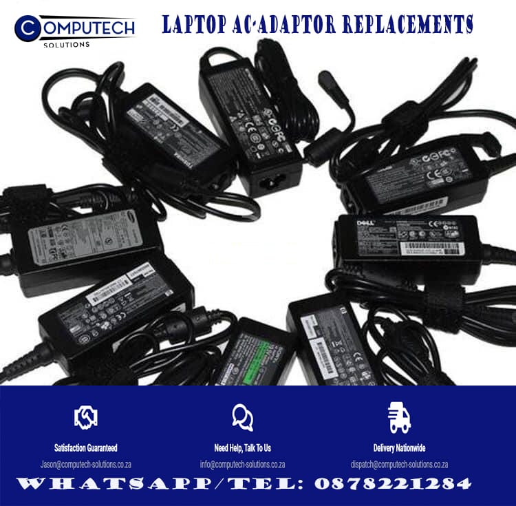 Assortment of laptop power adapters and chargers arranged together, with Computech Solutions branding and the text 'Laptop Adapter Replacements'