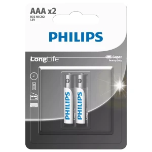 Blister pack containing two Philips Long Life AA batteries.