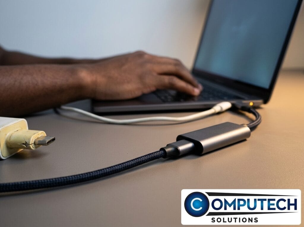 Person typing on a laptop with a braided USB-C cable and adapter on the desk, logo for Computech Solutions visible in the bottom corner.