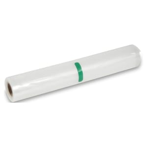 Roll of plastic cling film with a white outer wrap and a green label, resting on its side.