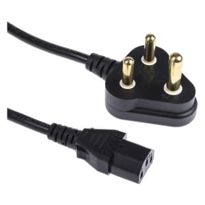 Three-pin male power plug with a black cable and a female IEC C13 connector at the end