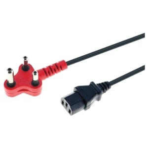 Three‑pin power extension lead with a red plug and a black IEC connector (C13) end