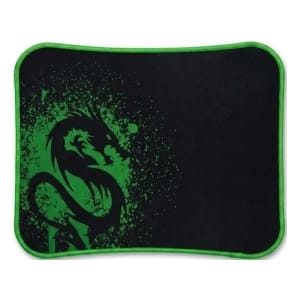 Black mouse pad with neon green edge and a green dragon silhouette in the bottom-left corner.