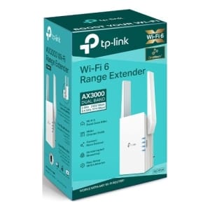 TP-Link Wi‑Fi 6 Range Extender AX3000 dual‑band box with device and antennas pictured on turquoise packaging