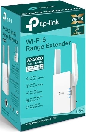 RE705X ComputechSolutions TP-Link Wi‑Fi 6 Range Extender AX3000 dual‑band box with device and antennas pictured on turquoise packaging