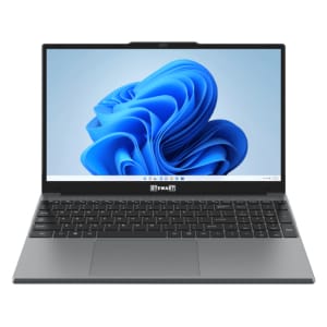 Open laptop with a blue abstract wallpaper on the screen and a black keyboard in view, frontal shot.