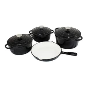 TH184BLK ComputechSolutions Set of black pots with lids and a white frying pan with a black handle.