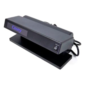 Black rectangular electronic device with a blue 'Casey' label, mounted on a base, featuring a side power switch.