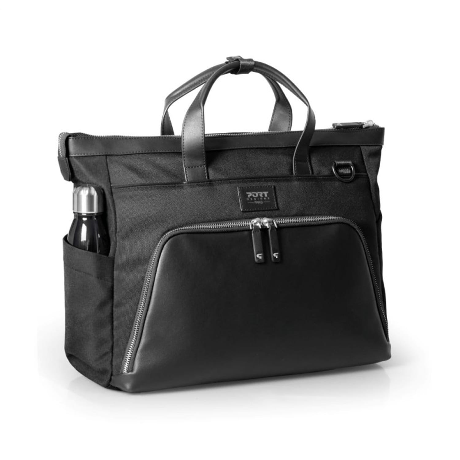 135181PORTMUSESIGNATUREbusiness16laptophwr01png ComputechSolutions Black carry bag with dual top handles and multiple zippered compartments, including a front pocket; side water bottle pocket visible.