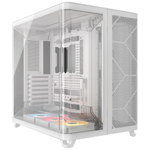 Glass-front server cabinet open to reveal drive trays, cables, and cooling fans inside a data-center rack.