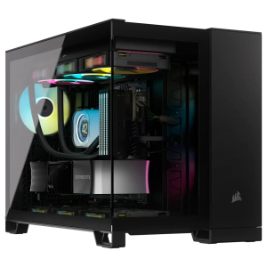 3c53cc611a91db8aba032c09d7cc5ffb9183f74awebp ComputechSolutions Gaming desktop PC with a glass side panel open to reveal RGB-lit interior components, including a liquid cooler, vertical RAM, and a GeForce RTX graphics card.