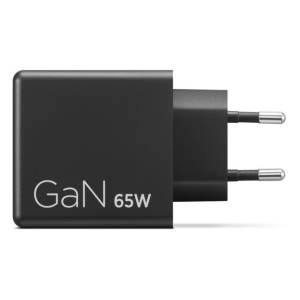 Compact black GaN 65W wall charger with a European two-pin plug blades.
