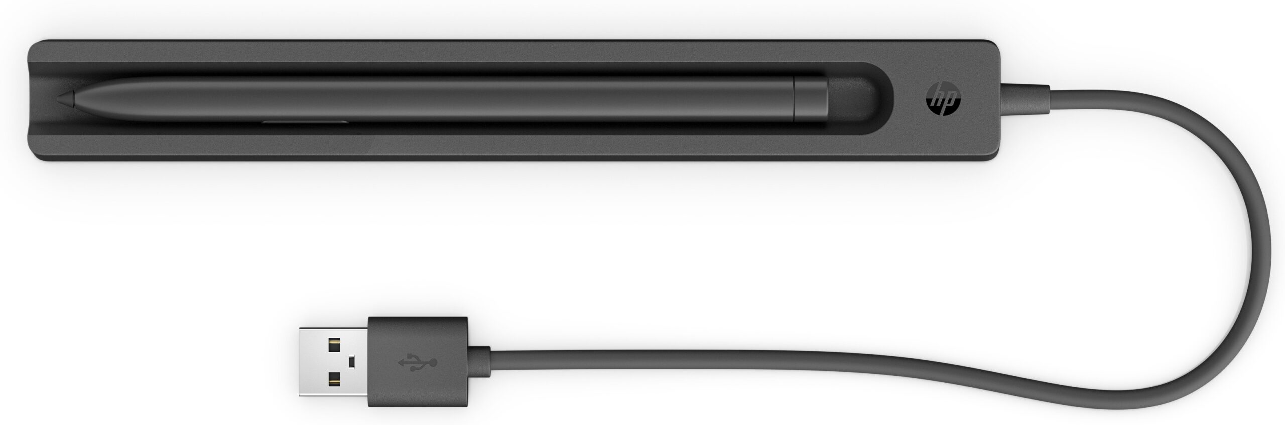 4X491AAdefaultjpg ComputechSolutions HP stylus resting in a rectangular charging cradle with a USB-A charging cable attached to the side.