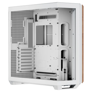 White server chassis mounted in a rack, shown from an angled side view with drive bays and vented panels visible