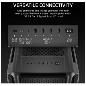 58380a8decf2e66b92fbbf9770dde0e49e8e0dcfwebp ComputechSolutions Front I/O panel with four USB 3.2 Gen 1 Type-A ports, one USB-C Gen 2 Type-C, and a power button on a dark PC case surface.